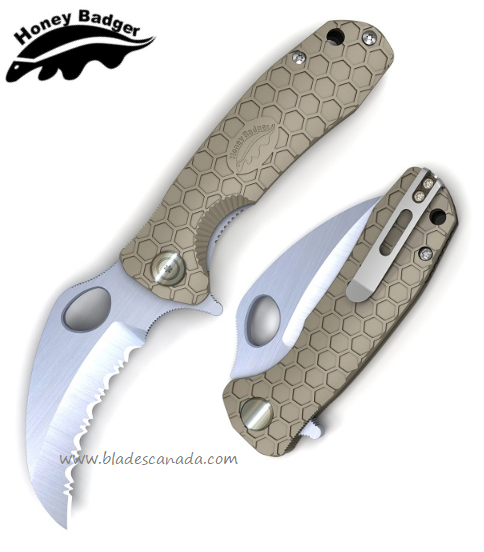 Honey Badger Mini Claw Flipper Folding Knife, Serrated, FRN Tan, HB1152